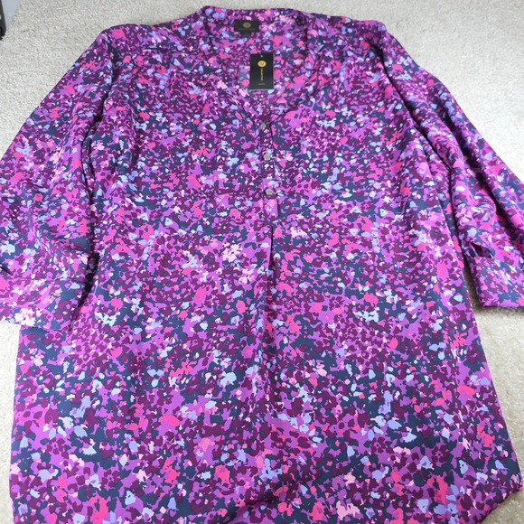 JM Collection Blouse Women 3X Purple Abstract Roll Tab Sleeve Split Neck Top - Picture 2 of 6